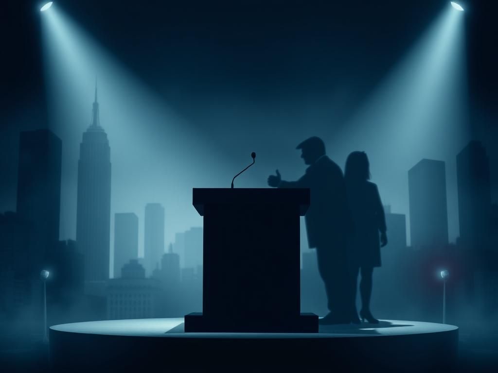 Flick International Dimly lit debate stage in New York City symbolizing political tension