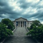 Flick International Panoramic view of a historic university campus with a stone staircase and banners symbolizing justice and freedom