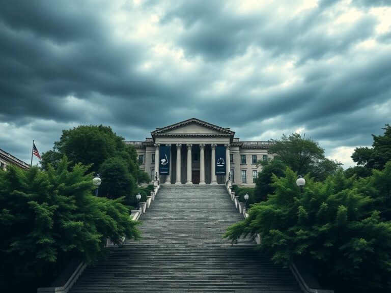 Flick International Panoramic view of a historic university campus with a stone staircase and banners symbolizing justice and freedom
