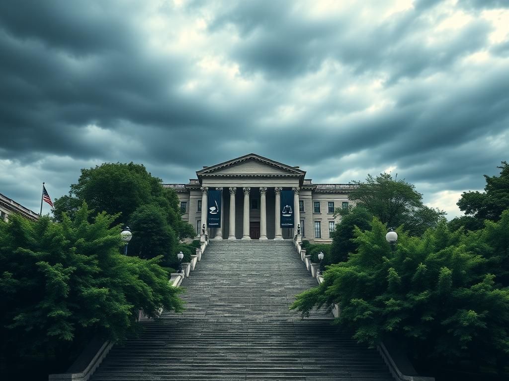 Flick International Panoramic view of a historic university campus with a stone staircase and banners symbolizing justice and freedom