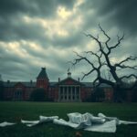 Flick International Overcast Harvard University skyline with scattered foreign student visa documents