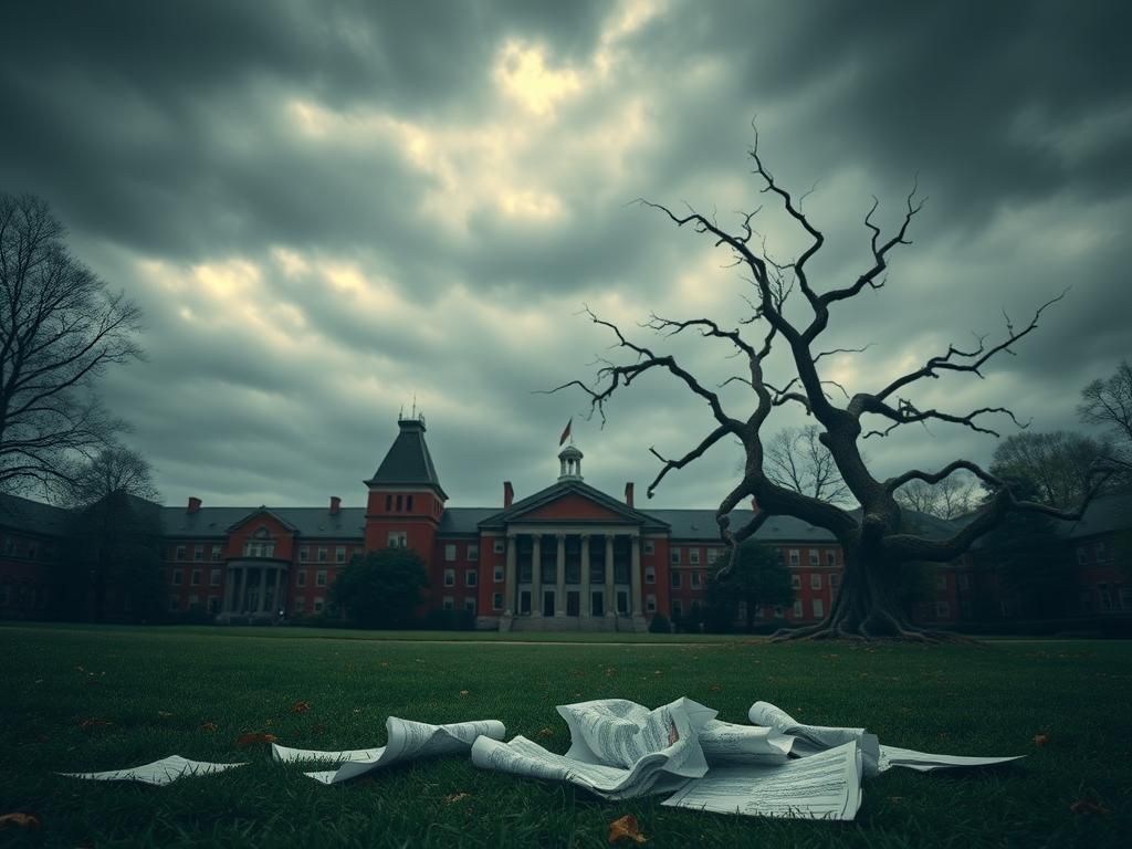 Flick International Overcast Harvard University skyline with scattered foreign student visa documents