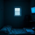 Flick International Dimly lit prison cell with unmade bed and eerie atmosphere
