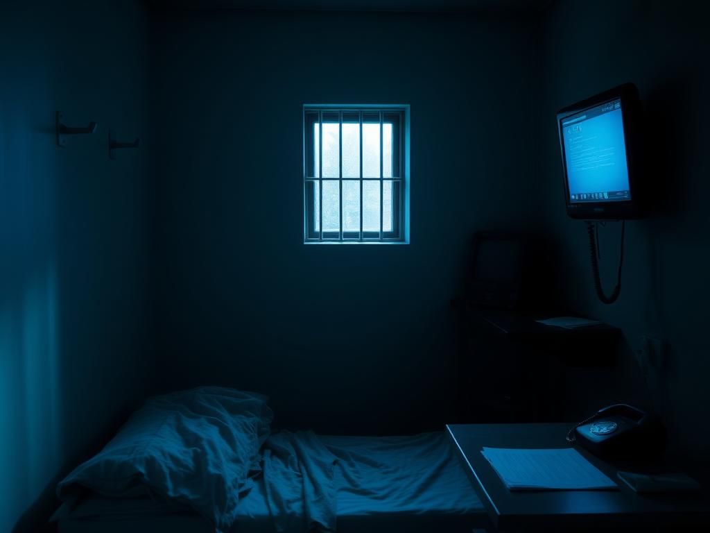 Flick International Dimly lit prison cell with unmade bed and eerie atmosphere