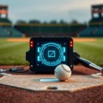 Flick International Close-up view of a baseball home plate with a glowing automated strike zone device in the background
