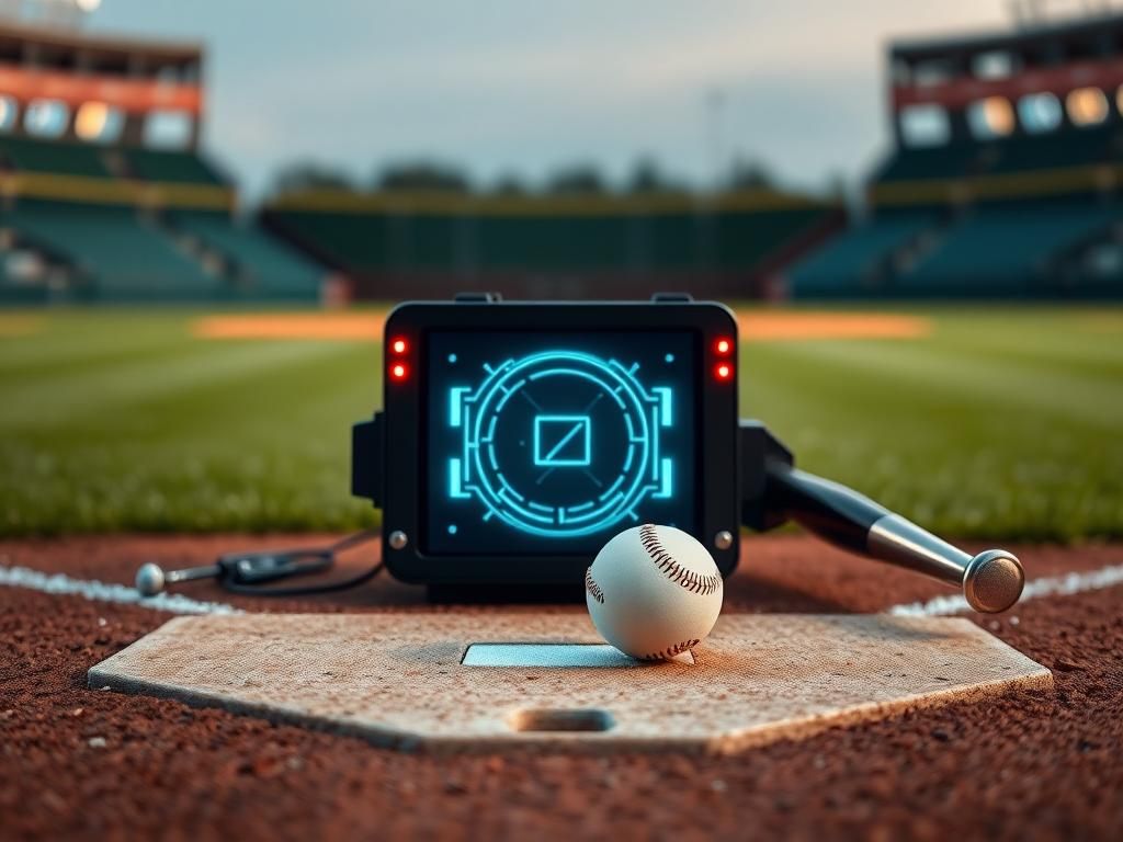 Flick International Close-up view of a baseball home plate with a glowing automated strike zone device in the background