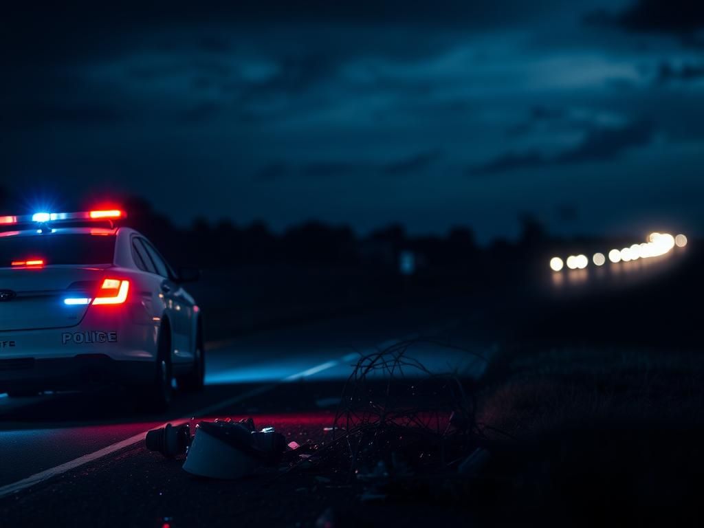 Flick International Dark highway scene showing a police cruiser with flashing lights at the site of a fatal DUI crash