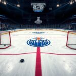 Flick International Dramatic hockey rink scene during Stanley Cup Final with vibrant Edmonton Oilers logo