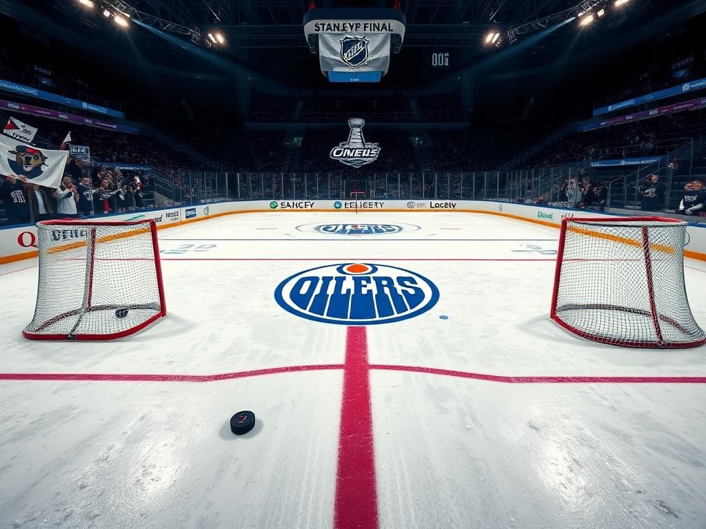 Flick International Dramatic hockey rink scene during Stanley Cup Final with vibrant Edmonton Oilers logo