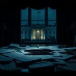 Flick International Darkened executive desk in the Oval Office with documents and an autopen device