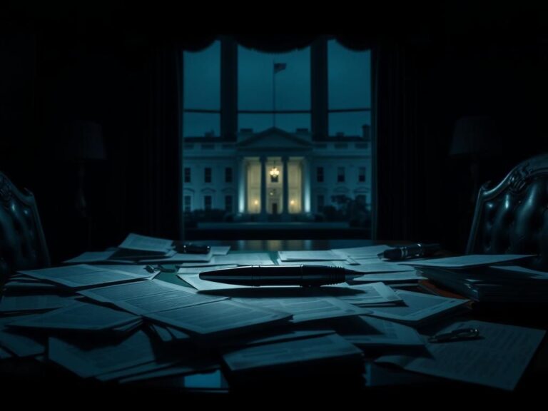 Flick International Darkened executive desk in the Oval Office with documents and an autopen device