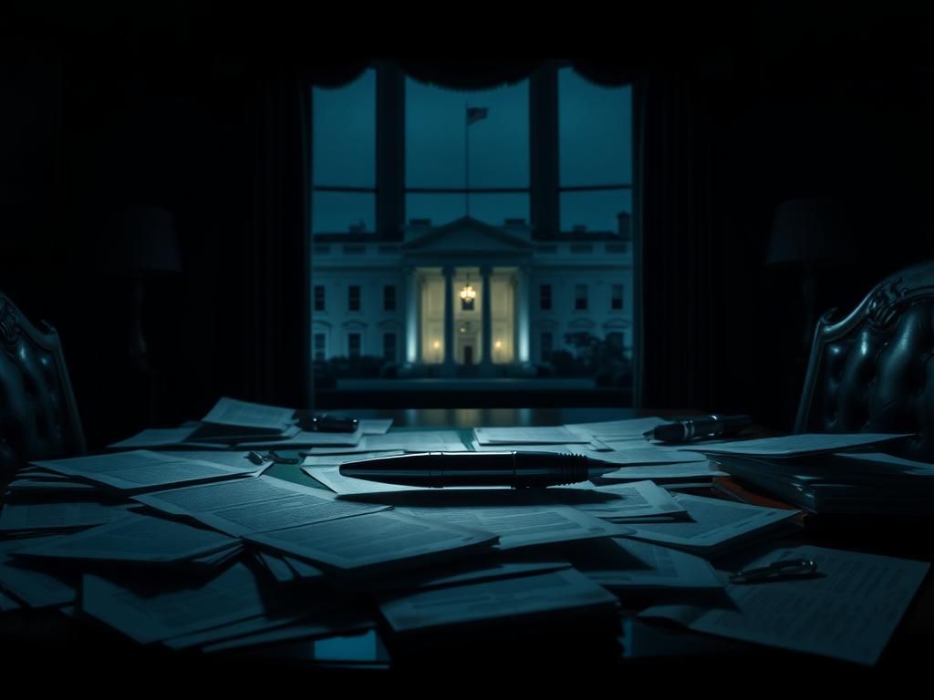 Flick International Darkened executive desk in the Oval Office with documents and an autopen device