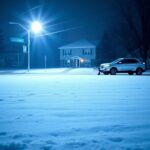Flick International Snowy street scene at night with snowplow and no visible disturbances in the snow