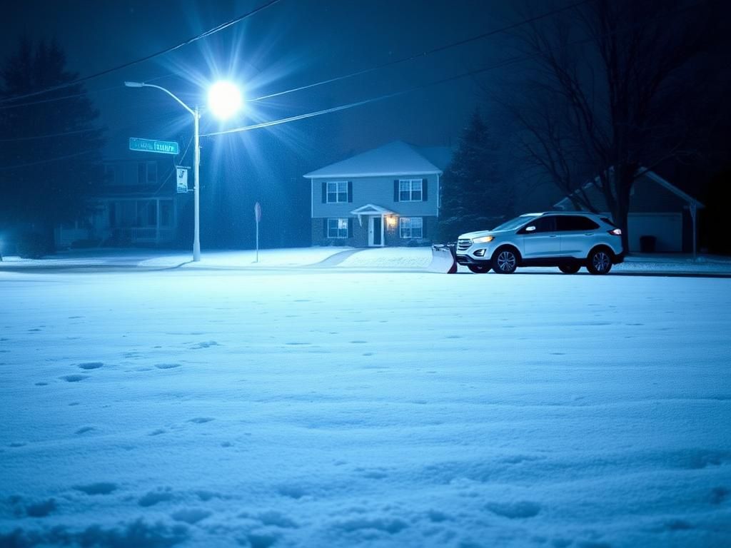 Flick International Snowy street scene at night with snowplow and no visible disturbances in the snow