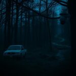 Flick International Dark forest scene at dusk with abandoned pickup truck and ominous doorbell camera