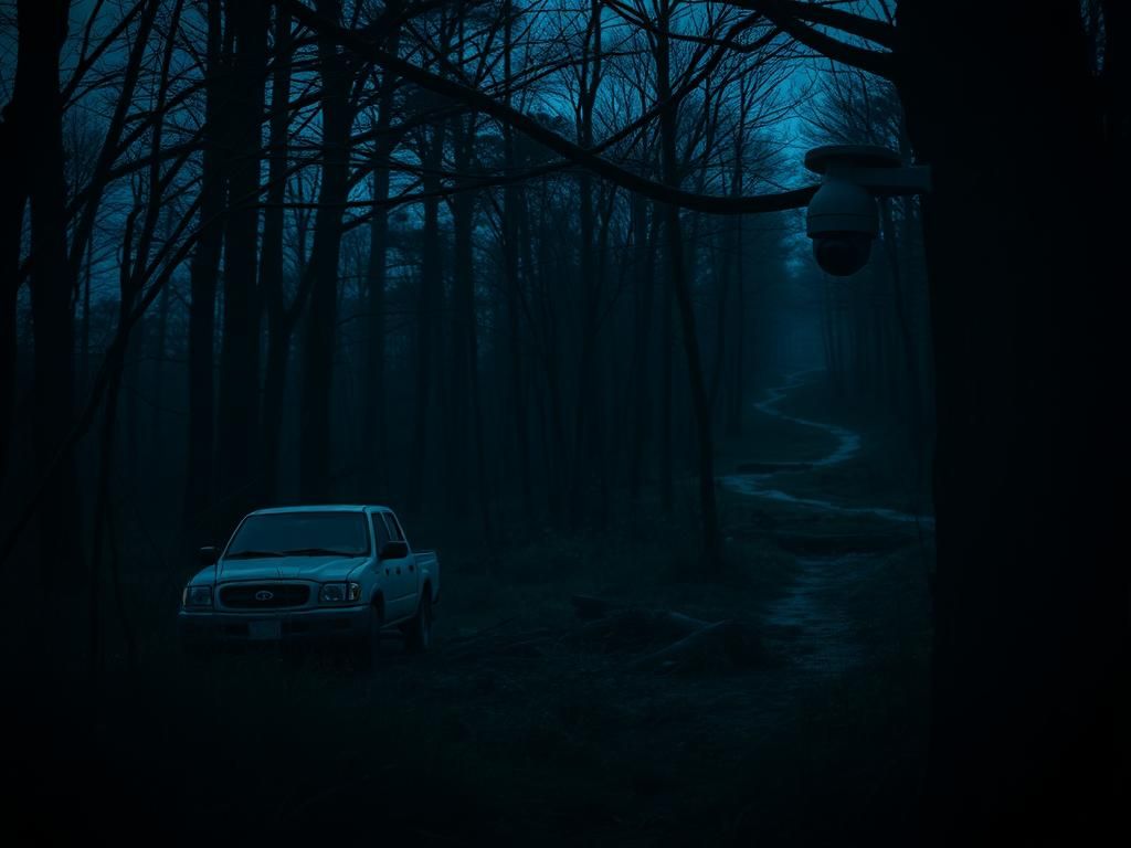 Flick International Dark forest scene at dusk with abandoned pickup truck and ominous doorbell camera
