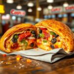 Flick International Close-up of a golden-brown calzone cut in half showcasing its cheesy interior and vibrant pizza toppings