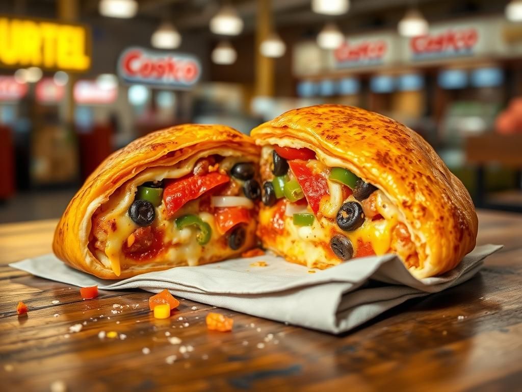 Flick International Close-up of a golden-brown calzone cut in half showcasing its cheesy interior and vibrant pizza toppings