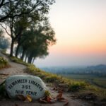 Flick International Serene landscape in Kibbutz Nir Oz, Israel, showcasing a winding path and a stone of remembrance amidst blooming flowers.