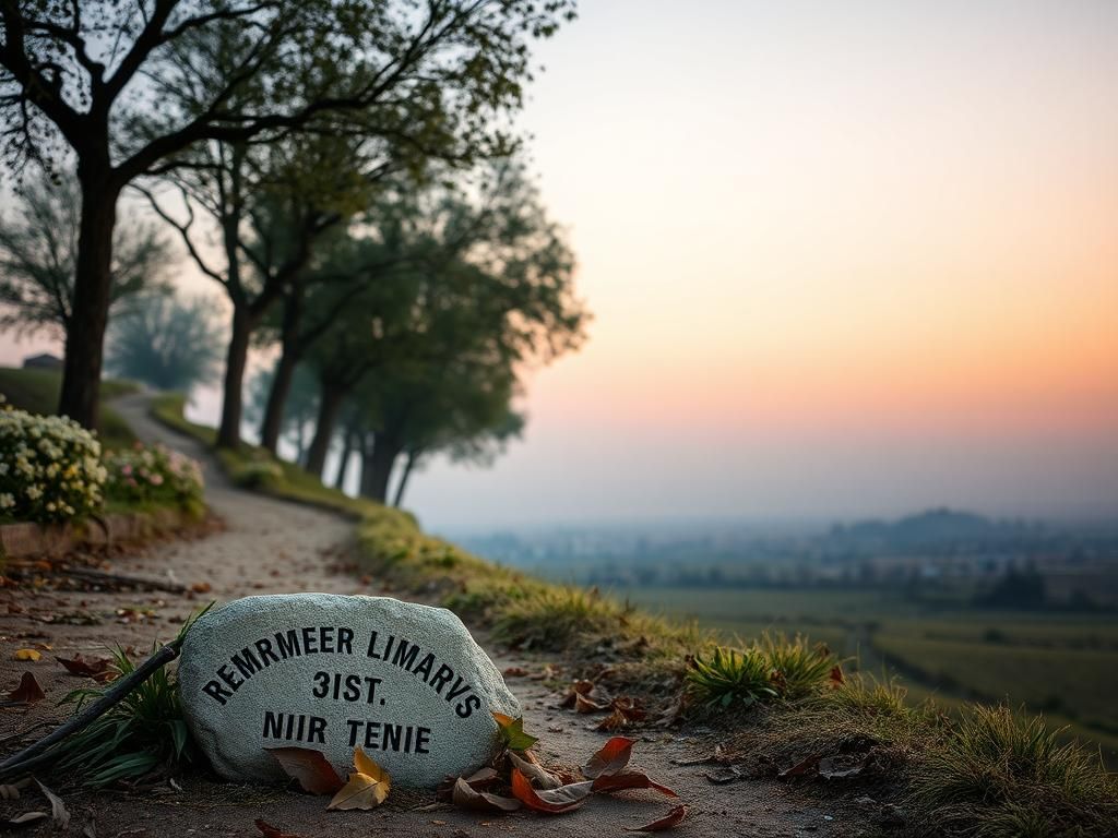 Flick International Serene landscape in Kibbutz Nir Oz, Israel, showcasing a winding path and a stone of remembrance amidst blooming flowers.