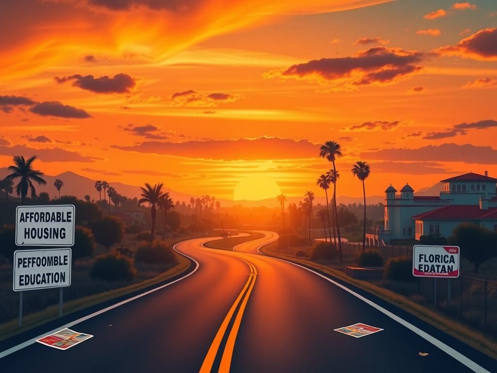 Flick International A winding road through the Florida landscape leading to a sunset, symbolizing the diverse population and interests of the state