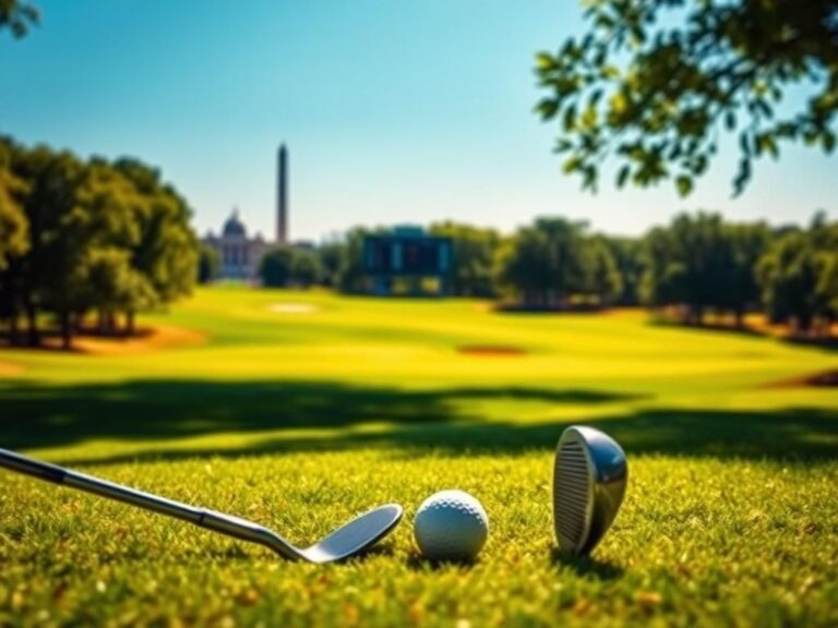 Flick International A scenic view of Robert Trent Jones Golf Club with a golf tee and Washington landmarks in the background