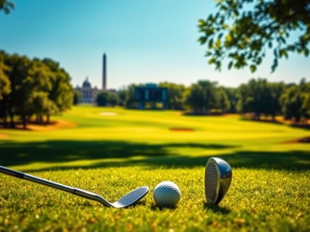 Flick International A scenic view of Robert Trent Jones Golf Club with a golf tee and Washington landmarks in the background