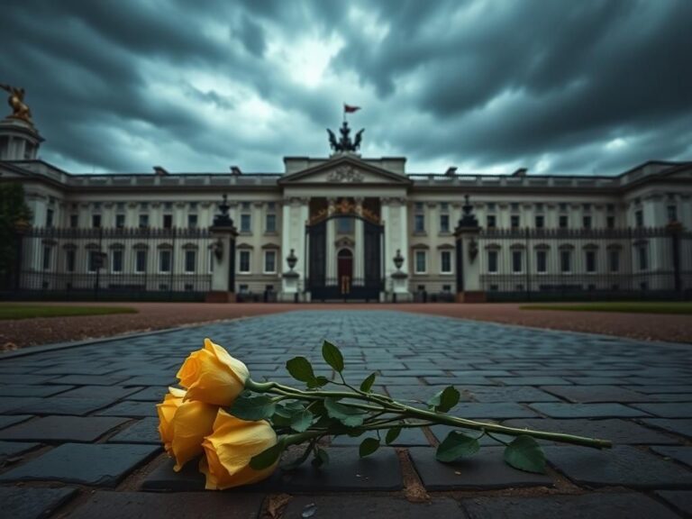 Flick International Exterior of Buckingham Palace under a moody, cloudy sky with a wilted bouquet of yellow roses in the foreground