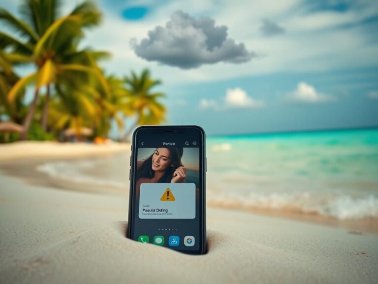 Flick International Smartphone displaying a dating app on a beach in Mexico with warning symbol