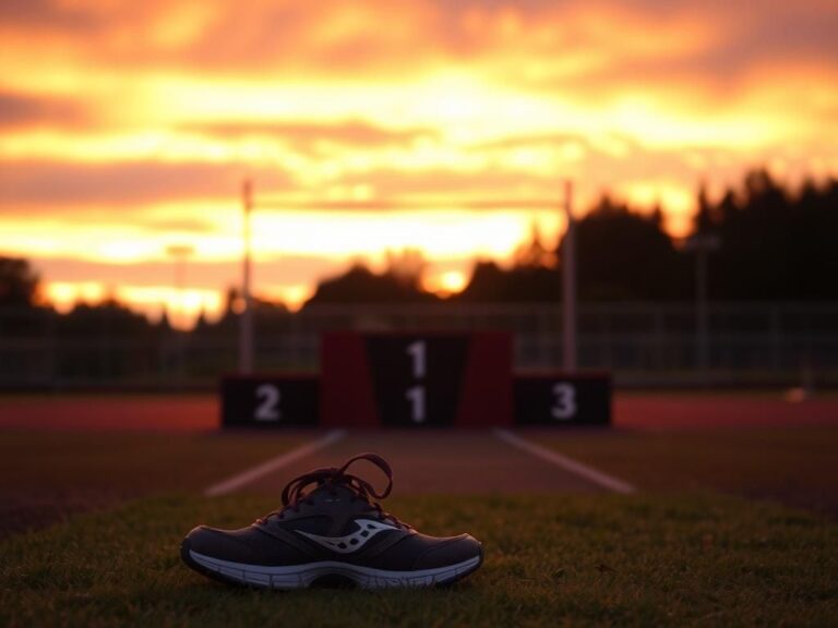Flick International Empty high school track podium at sunset with medals and running shoes