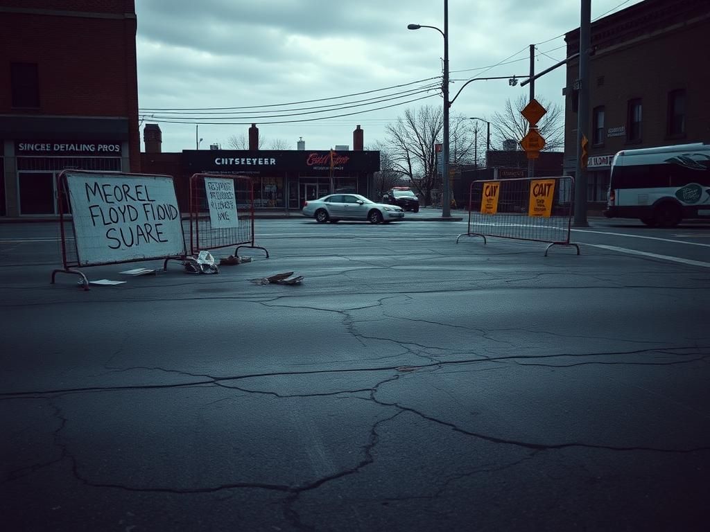 Flick International Weathered barricades and makeshift signs at George Floyd Square in Minneapolis
