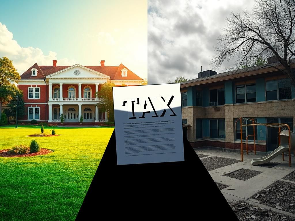 Flick International A contrasting split image showing a luxurious private school building and a dilapidated public school, illustrating educational disparity.