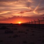 Flick International Dramatic landscape of the Texas-Mexico border at sunset with barbed wire fencing