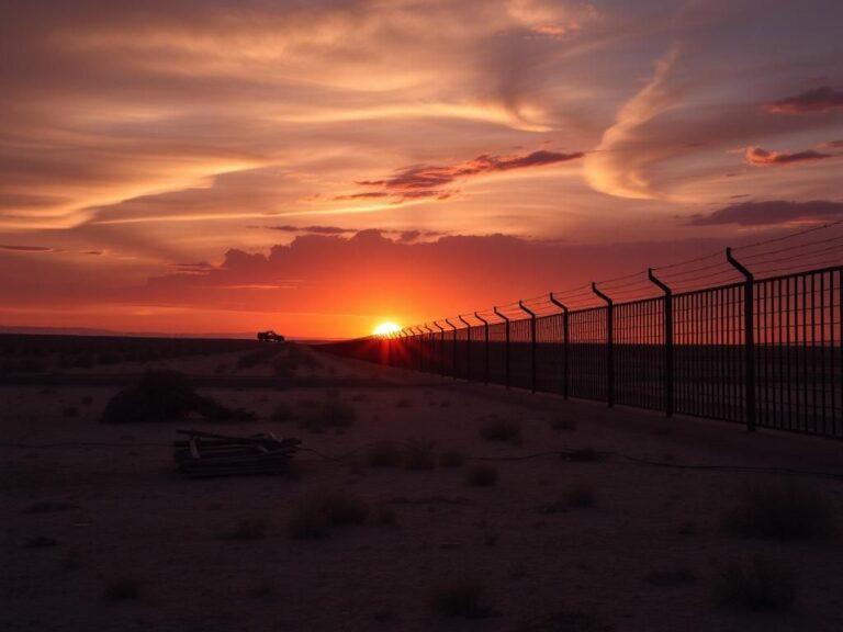 Flick International Dramatic landscape of the Texas-Mexico border at sunset with barbed wire fencing