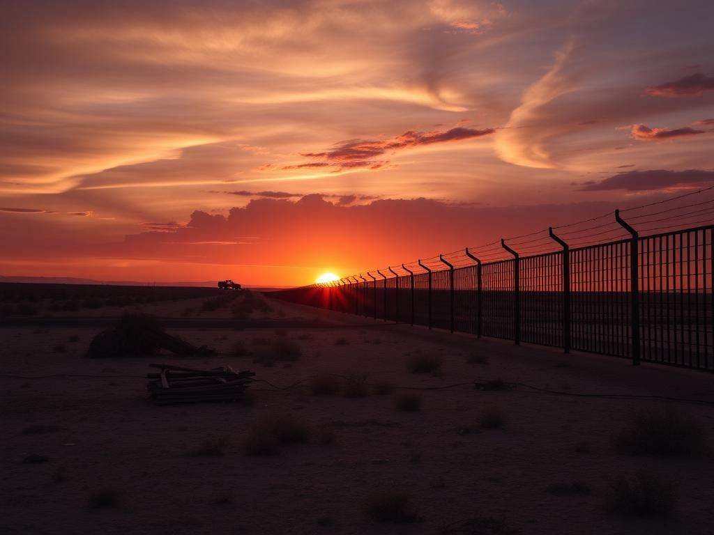 Flick International Dramatic landscape of the Texas-Mexico border at sunset with barbed wire fencing