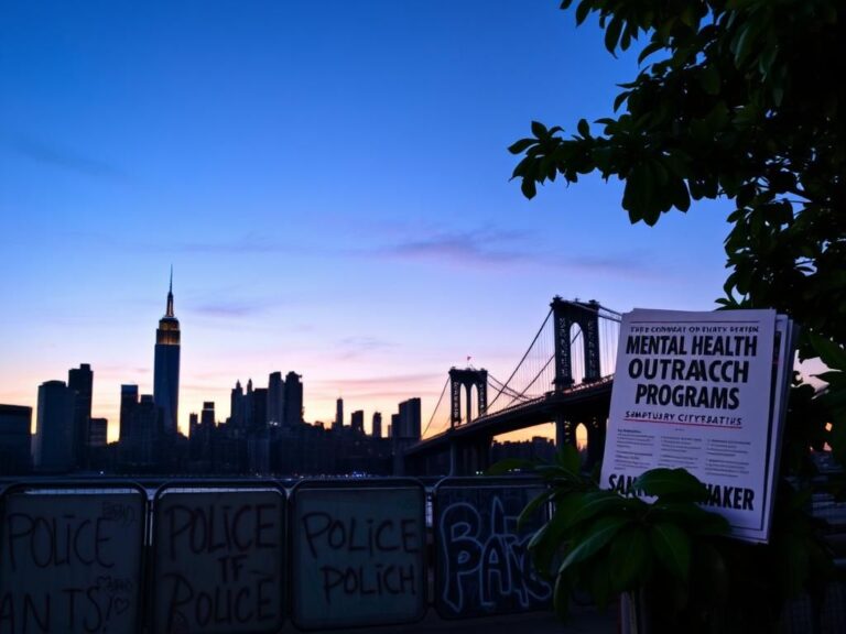 Flick International Dynamic urban scene of New York City skyline at dusk with police barricades and protest signs
