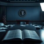 Flick International Dimly-lit press briefing room with empty podiums and a book on the table