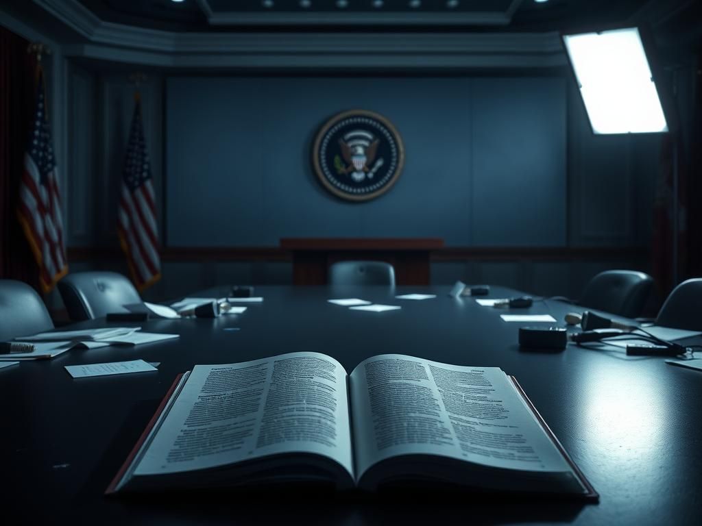 Flick International Dimly-lit press briefing room with empty podiums and a book on the table