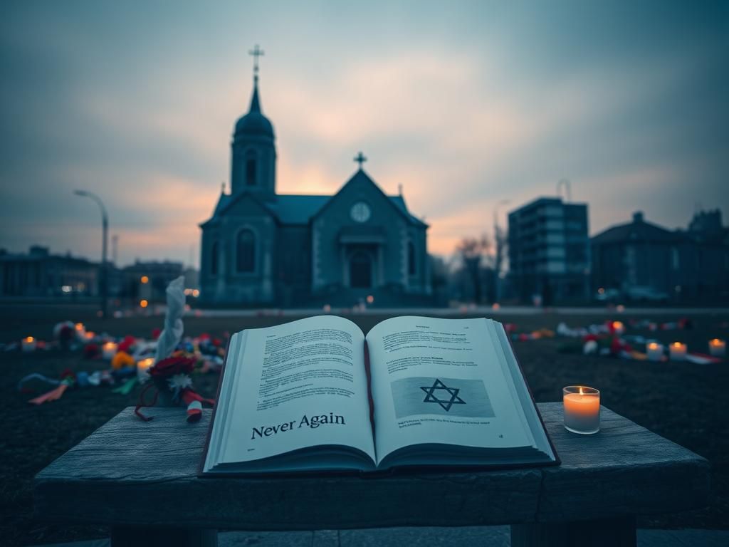 Flick International Silhouette of a synagogue framed against a misty gray sky at dawn, with symbols of love and tolerance nearby.