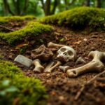Flick International Close-up view of ancient artifacts and bones partially buried in the fertile soil of the Americas, surrounded by lush greenery.