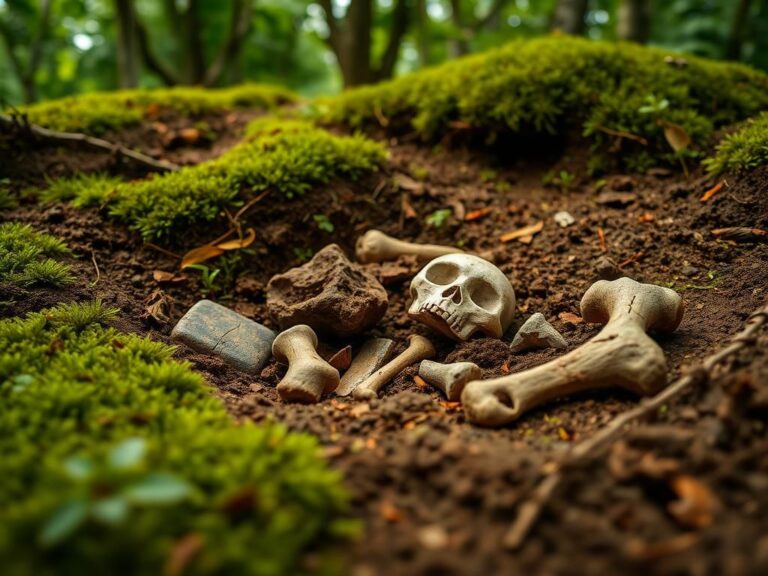 Flick International Close-up view of ancient artifacts and bones partially buried in the fertile soil of the Americas, surrounded by lush greenery.