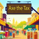 Flick International A bustling Virginia street market with colorful food stalls and the 'Axe the Tax' sign