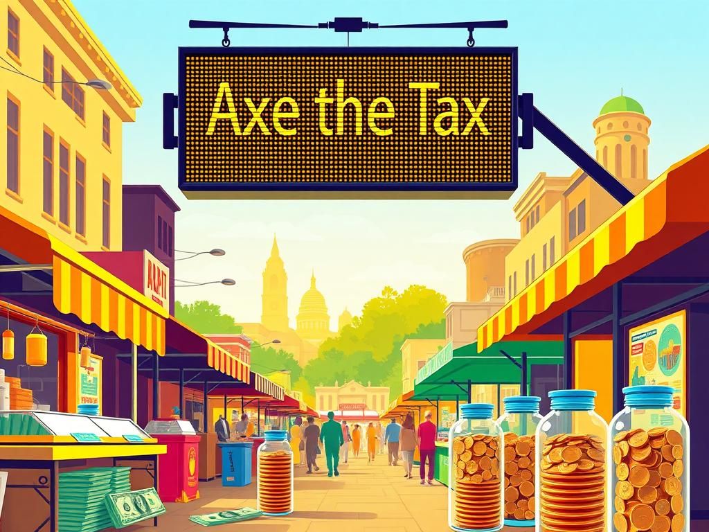 Flick International A bustling Virginia street market with colorful food stalls and the 'Axe the Tax' sign