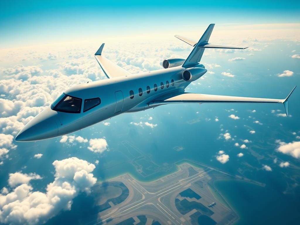 Flick International Modern windowless jet soaring through a clear blue sky