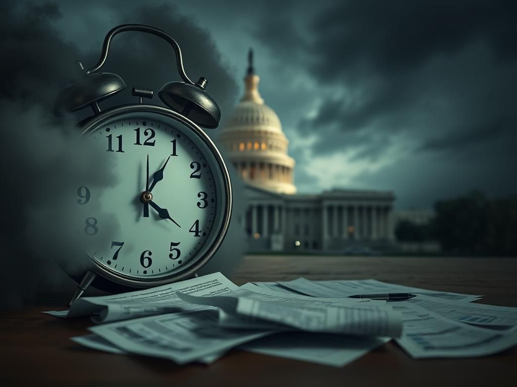 Flick International A vintage debt clock ticking ominously, surrounded by dark clouds symbolizing financial distress.