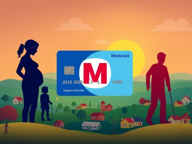 Flick International Stylized Medicaid card surrounded by silhouettes representing vulnerable groups including a pregnant woman, a child, a disabled individual, and an elderly person.