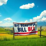 Flick International Vibrant landscape of the American heartland featuring a 'Big Beautiful Bill' banner over a rustic wooden fence