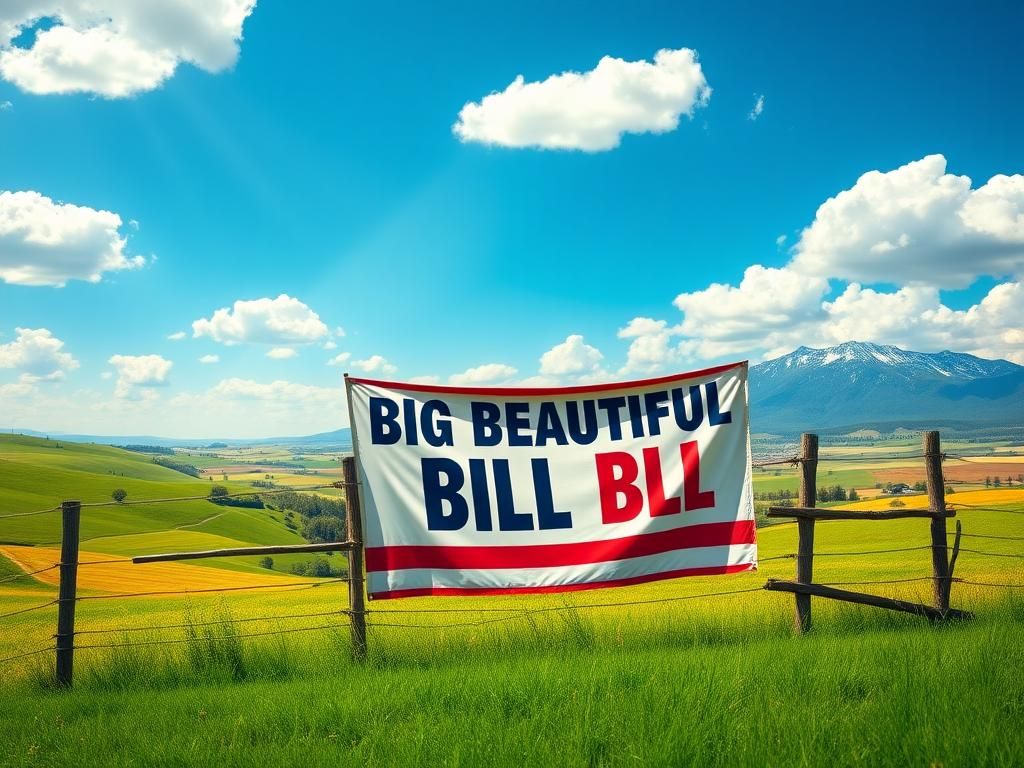 Flick International Vibrant landscape of the American heartland featuring a 'Big Beautiful Bill' banner over a rustic wooden fence