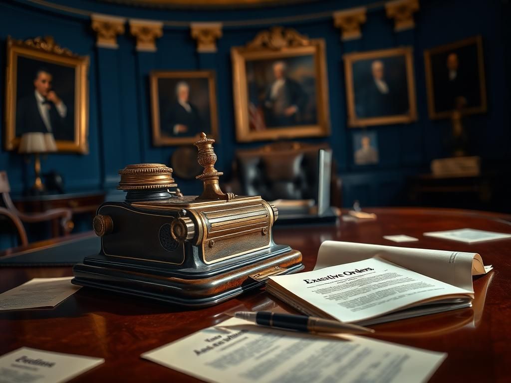 Flick International Close-up view of an antique autopen machine on a polished wooden desk in a presidential-style office