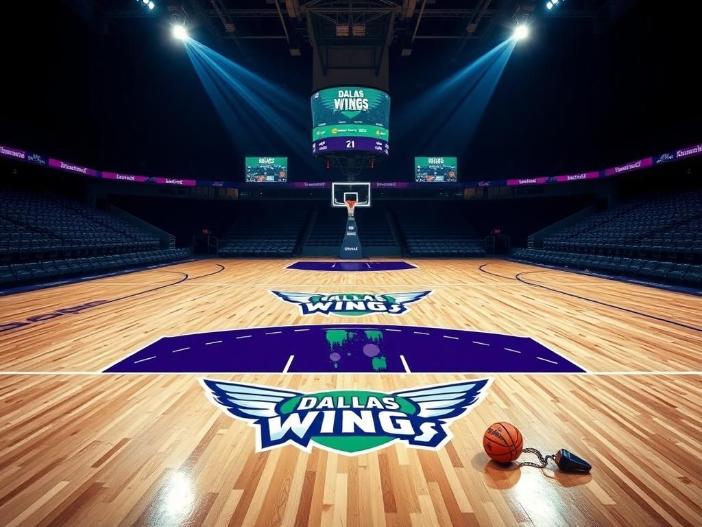 Flick International Dramatic court scene showcasing the Dallas Wings logo on an empty basketball court